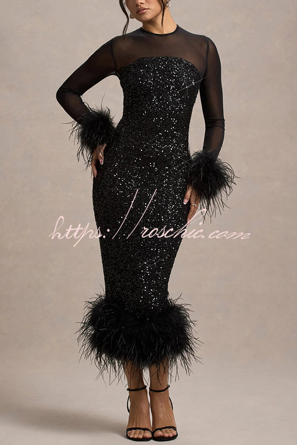 Glamor and Drama Mesh Sequin Patchwork Feather Trim Stretch Midi Dress roschic Glamor and Drama Mesh Sequin Patchwork Feather Trim Stretch Midi Dress roschic