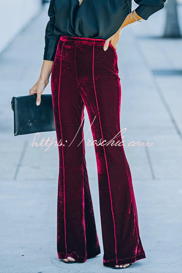 Claudia Velvet High Rise Elastic Waist Flare Stretch Pants