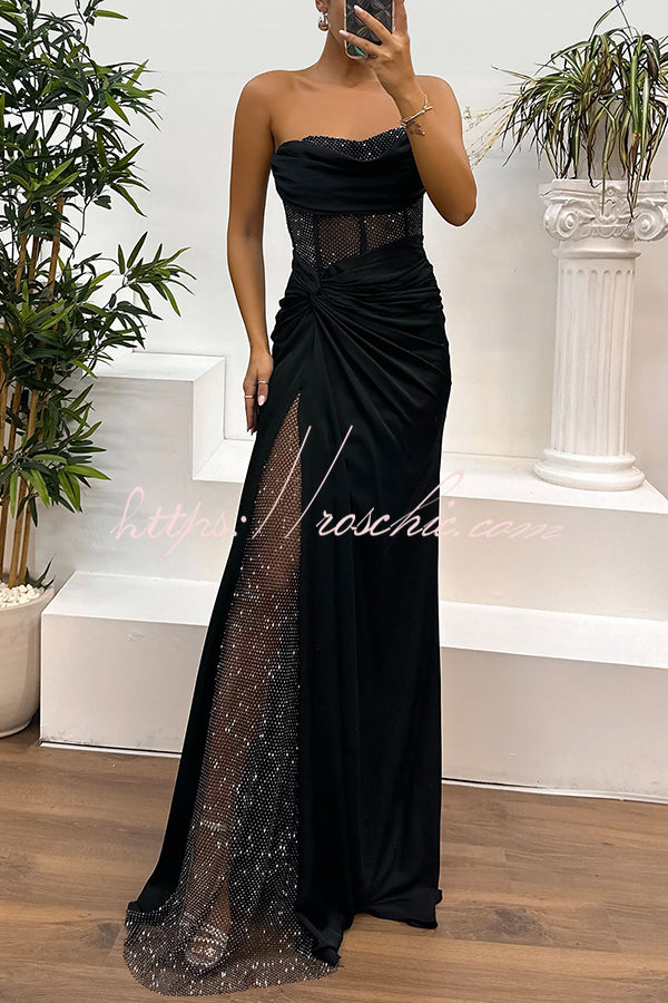 Audrey Satin Paneled Mesh Sequin Fabric Off Shoulder Ruched Drape Maxi Dress