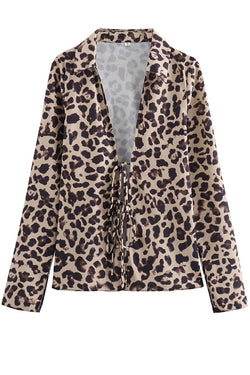 Edith Leopard Print Front Lace-up Long Sleeve Loose Blouse