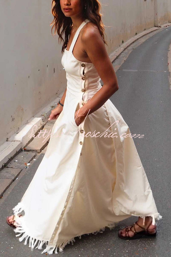 Bohemian Square Neck Pocket Tassel Holiday Maxi Dress