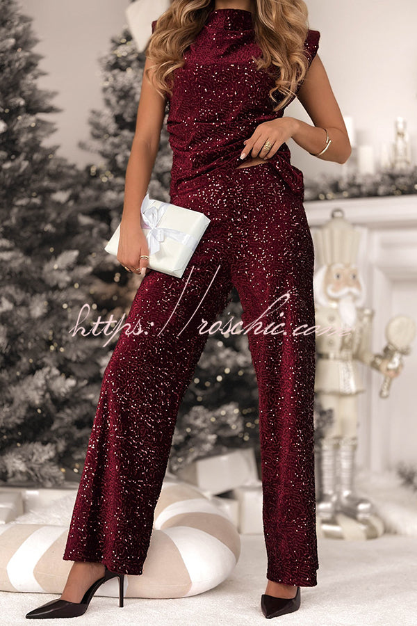 Stylish Sparkly Velvet Sequin Sleeveless Pleated Top and Casual Wide-leg Pants Set