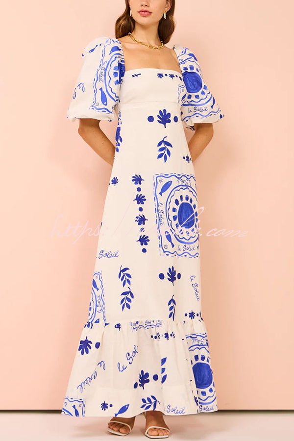 Sherbert Linen Blend Unique Print Square Neck Bubble Sleeve Maxi Dress