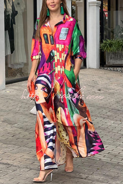 Prettiest Smile Cartoon Face Print Pocketed Shirt Maxi Dress