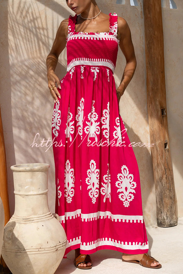 National Boho Style Unique Print Smocked Bust Wide Strap Pocket Maxi Dress