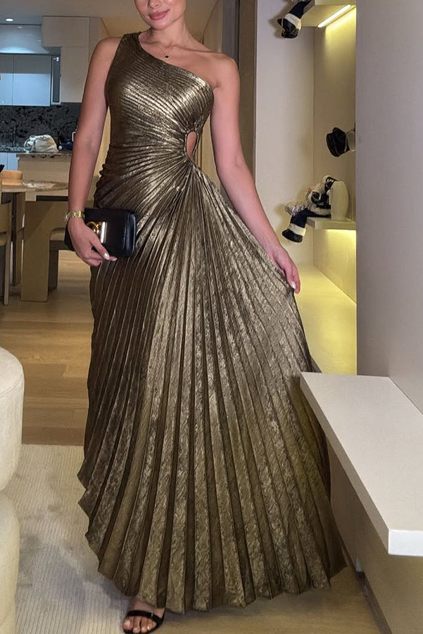 Pankh Ryce Pleated Metallic Cutout Party Wear Maxi Dress Gold / M Pankh Ryce Pleated Metallic Cutout Party Wear Maxi Dress Gold / M