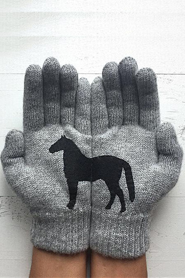 Printed Knitted Gloves Short Thickened Warm Finger Gloves-Dark Horse