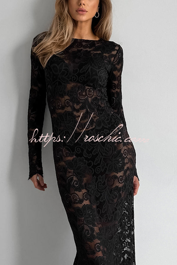 Sexy Openwork Lace Long-sleeved Slim-fit Fishtail Maxi Dress