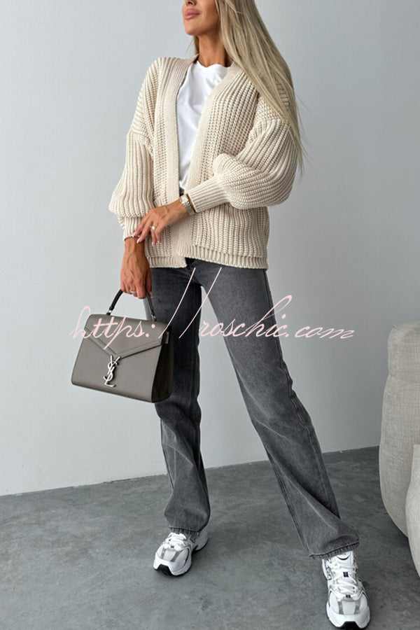 Solid Color V-neck Long-sleeved Casual Knitted Cardigan