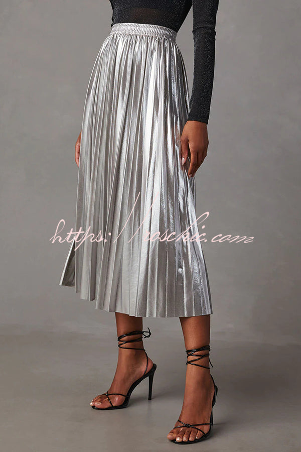 Yuletide Glow  Metallic Fabric Pleated Elastic Waist Midi Skirt