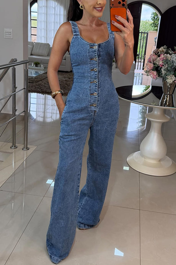 Heidi Denim Square Neck Button Back Smocked Pocket Flare Stretch