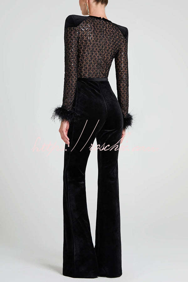 Monique Fish Scale Lace Sequin Velvet Patchwork Feather Trim Stretch Flare Jumpsuit