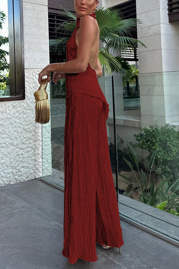 Charm and Charisma Texture Fabric Halter Neck Backless Tank and Elastic Waist Wide Leg Pants Suit