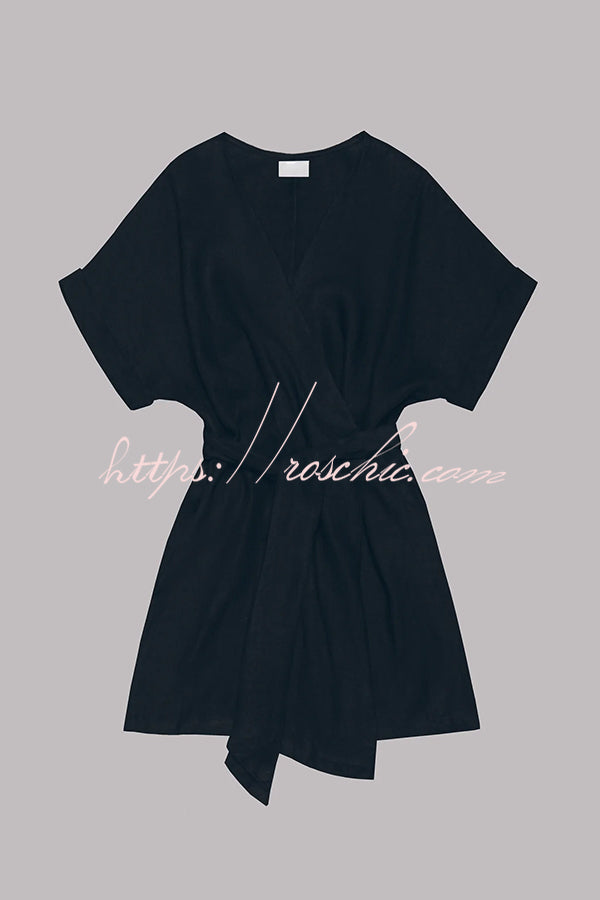 Breezy Retreat Cotton Linen Blend Pocketed Belt Kimono Mini Dress – roschic