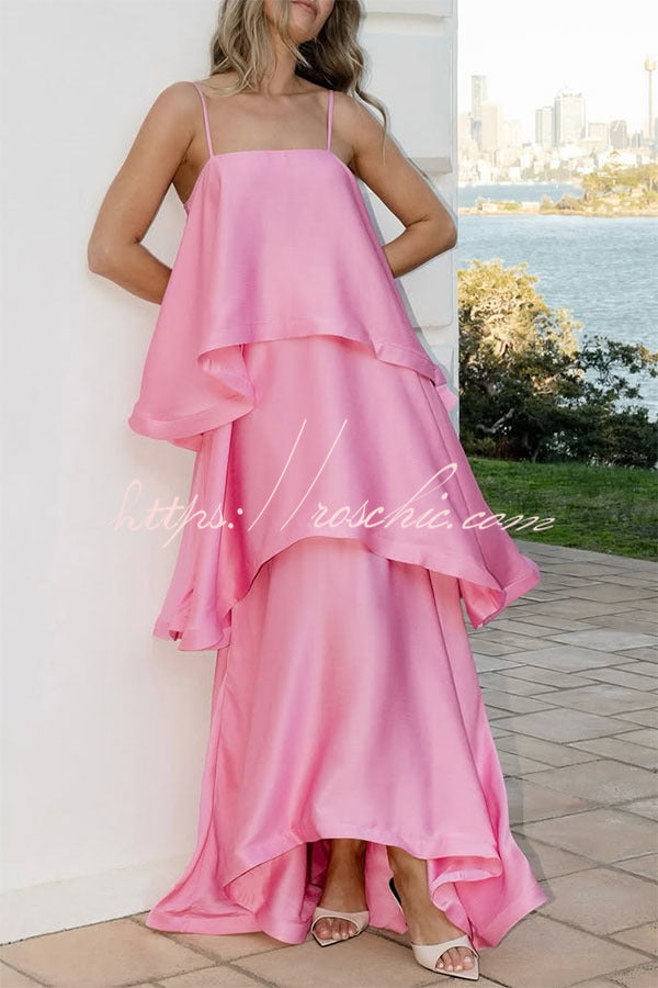 Soft and Smooth Satin Tiered Slip Square Neck A-line Maxi Dress roschic Soft and Smooth Satin Tiered Slip Square Neck A-line Maxi Dress roschic