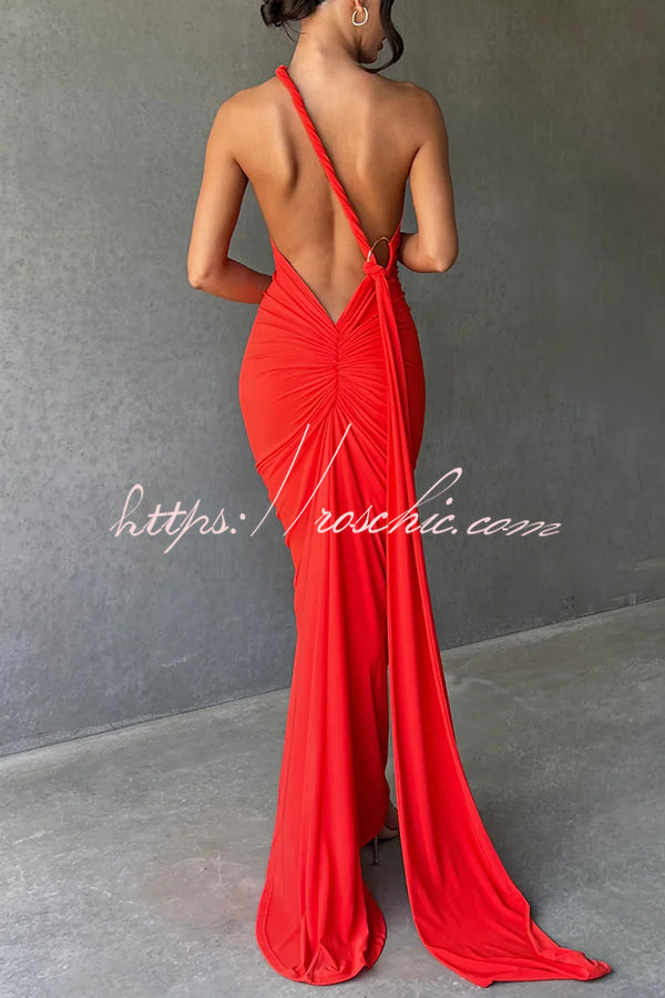 Sexy Backless Pleated Slim Solid Color Sleeveless Elegant Maxi Dress