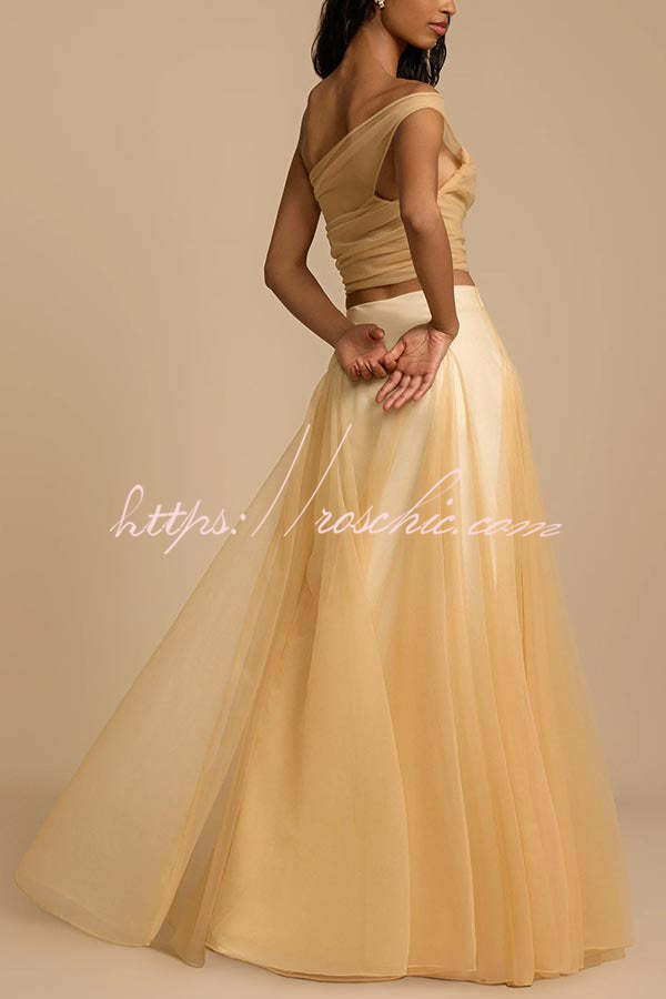 Romance Factor Satin Patchwork Tulle High Rise Elastic Waist A-line Maxi Skirt