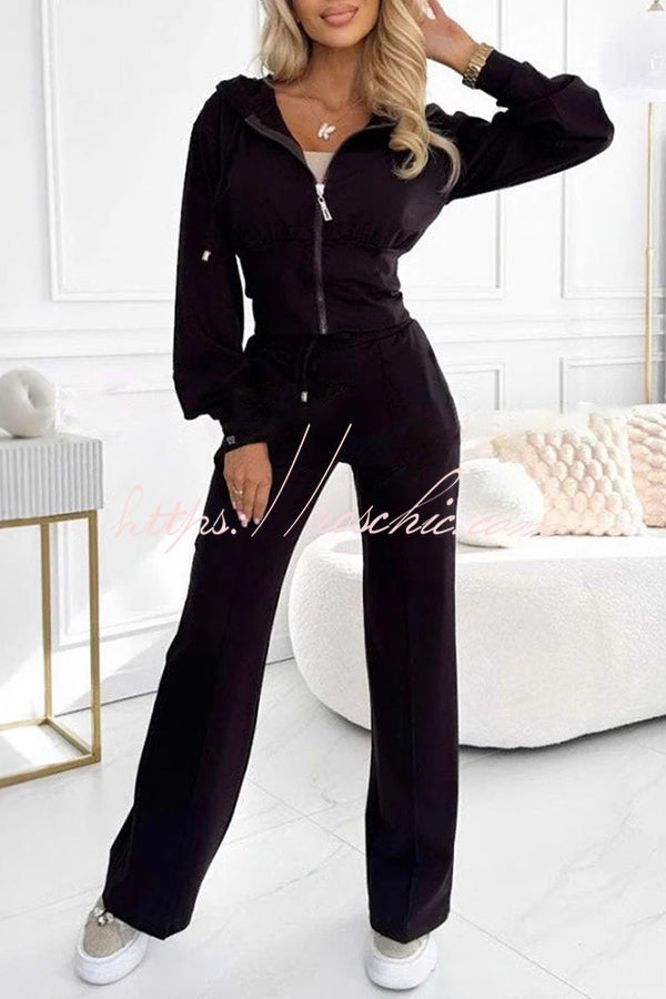 Solid Color Hooded Zip-up Jacket and Elastic Waist Pocket Wide-leg Pants Set