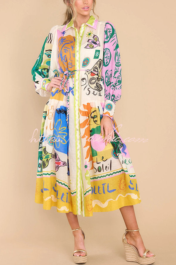 Boldness and Art Unique Print Balloon Sleeve Patchwork Shirt Midi Dress