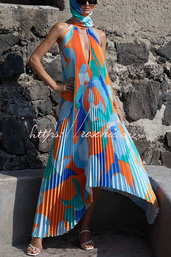 Opera Pleated Colorblock Camouflage Print Cutout Halter  A-line Maxi Dress