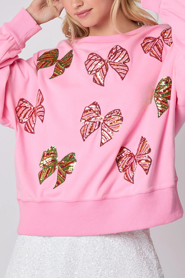 Christmas Bow Sequin Loose Casual Long Sleeve Sweatshirt
