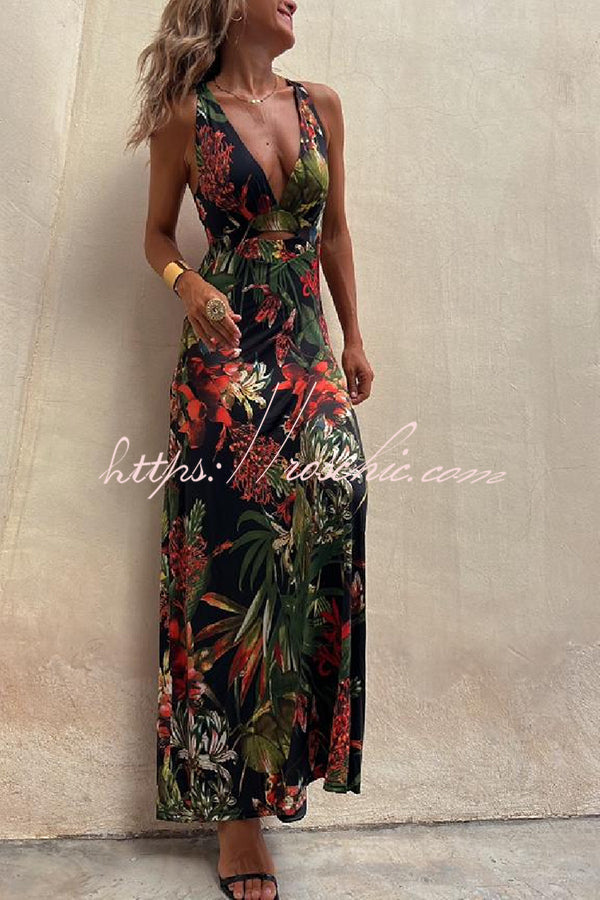 Rainforest Paradise Tropical Print Cutout Back Crossover Stretch Maxi Dress