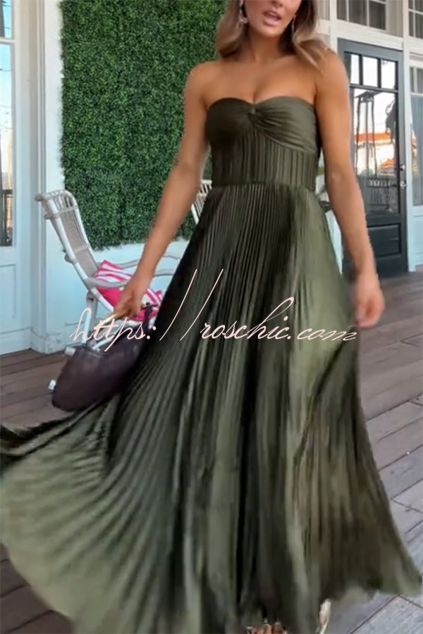 Love Note Satin Sweetheart Twist Off Shoulder Pleated Maxi Dress