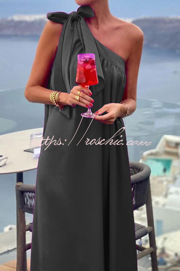 Beach Party Satin One Shoulder Bow Detail Loose Maxi Dress