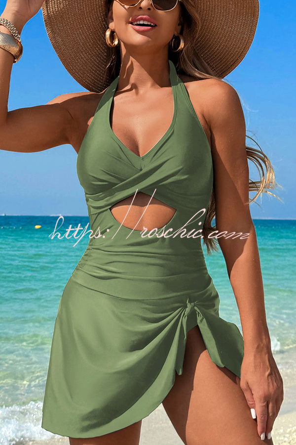 Fashionable Halterneck Waist Hollow Stretch One-piece Swimsuit