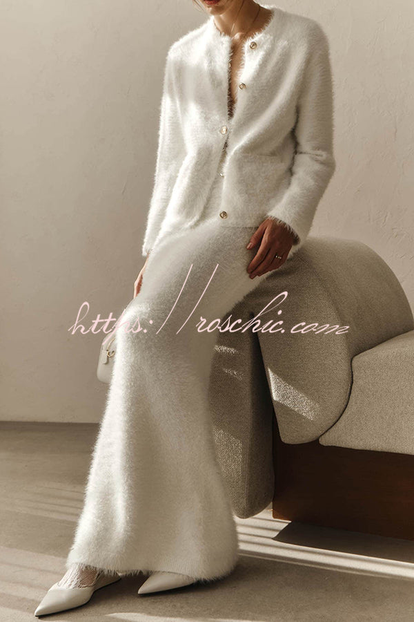 Solid Color Long-sleeved Button-pocket Knitted Jacket and Elegant Long Skirt Set