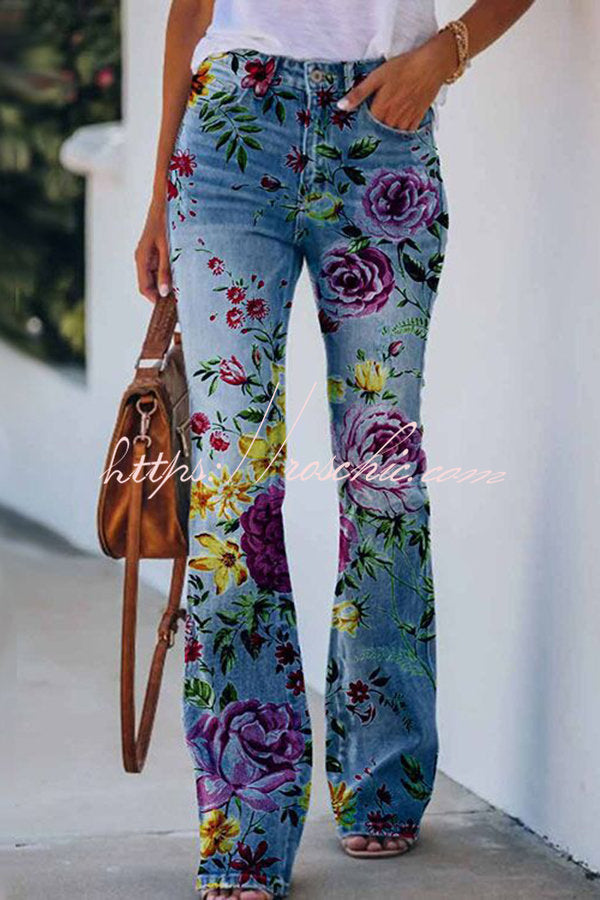 On A Drive Printed Faux Denim High Rise Flare Pants