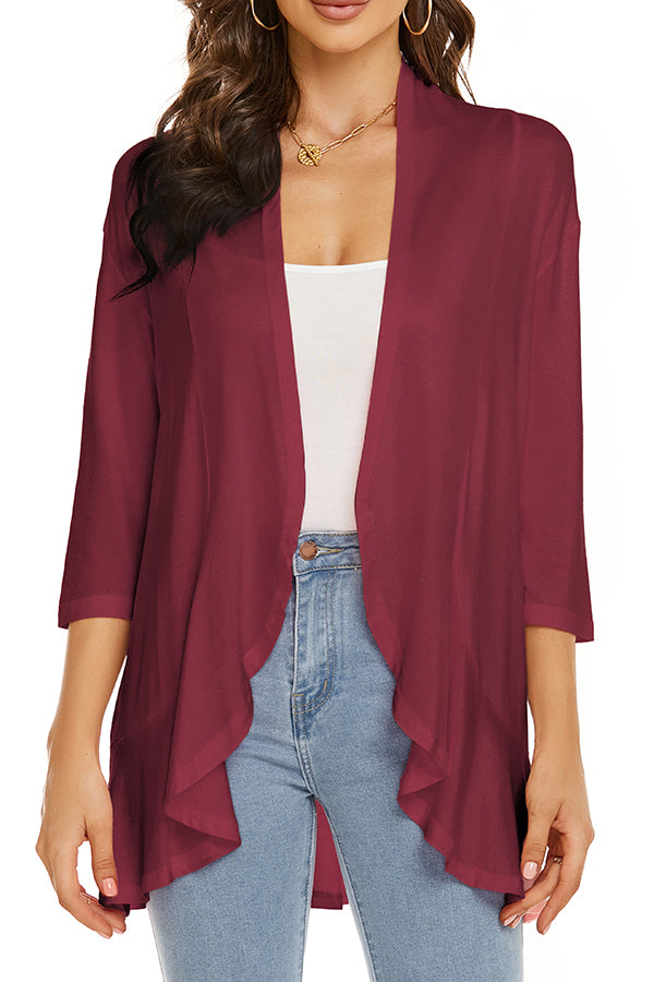 Solid Color Casual Three-quarter Sleeve Ruffled Loose Cardigan
