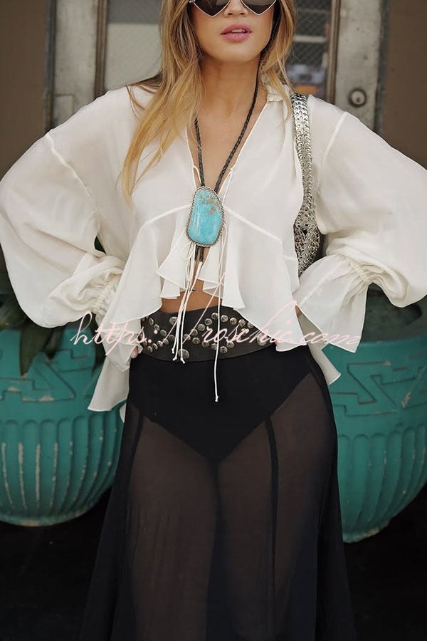 Boho Forever Chiffon Ruffles Balloon Sleeve Tie-up Blouse