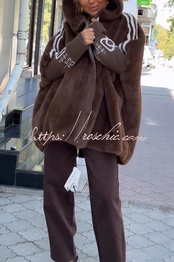 Fashion Sports Stripe Print and Ribbed Embroidered Long Sleeve Zipper Pocket Hooded Plush Coat