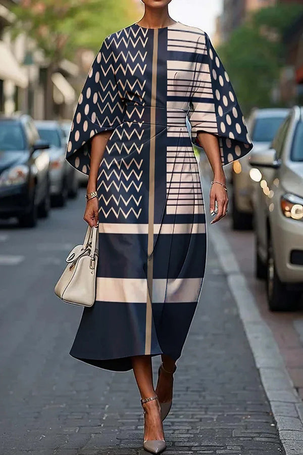 Unique Print Batwing Sleeve Waisted Casual Midi Dress