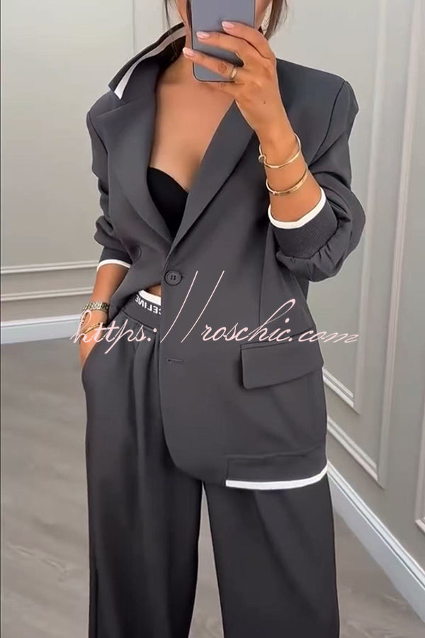 Fashion Sports Style Ribbed Colorblock Lapel Blazer and Elastic Waist Pocket Loose Pants Set