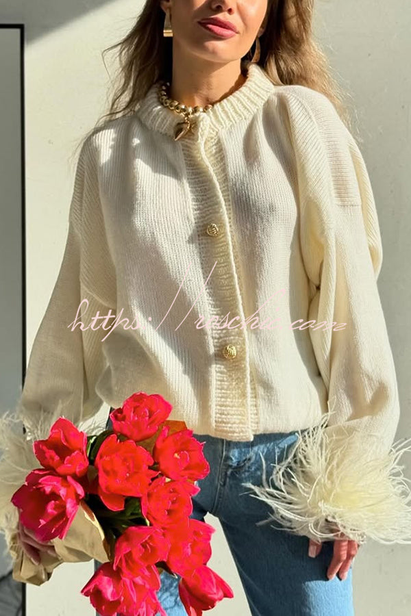 Solid Color Elegant Feather Long Sleeve Casual Knitted Cardigan