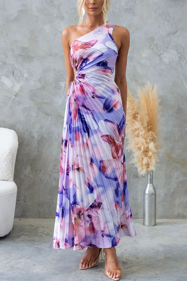 Laken Floral Print One Shoulder Adjustable Tie Cutout Pleated Maxi Dress