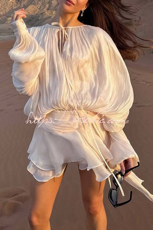 Ninah Glitter Fabric Pleated Balloon Sleeve Tiered Ruffle Hem Mini Dress