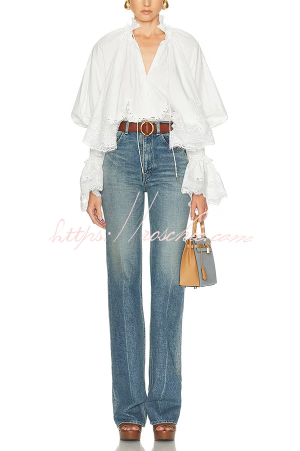Court Style Lace Trim Stand Neck Balloon Sleeve Cape Blouse – roschic