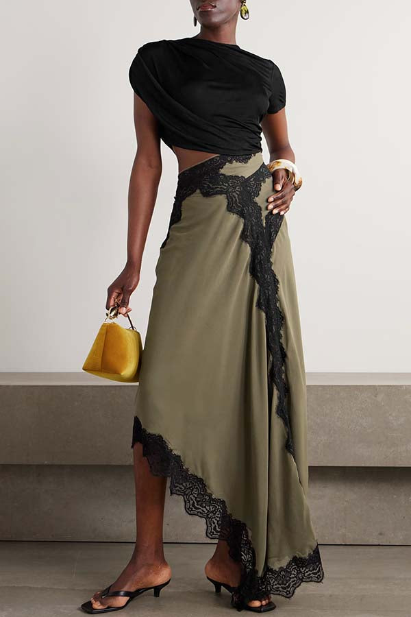 Verve Ribbed Jersey Cutout Waist Asymmetric Satin Lace Hem Maxi Dress, Blackish Green / L Verve Ribbed Jersey Cutout Waist Asymmetric Satin Lace Hem Maxi Dress, Blackish Green / L