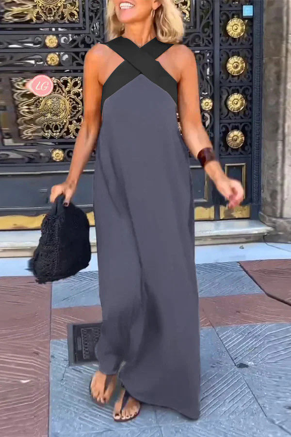 sleeveless loose maxi dress Stylish Crossover Backless Sleeveless Loose Maxi Dress, Ash / XL