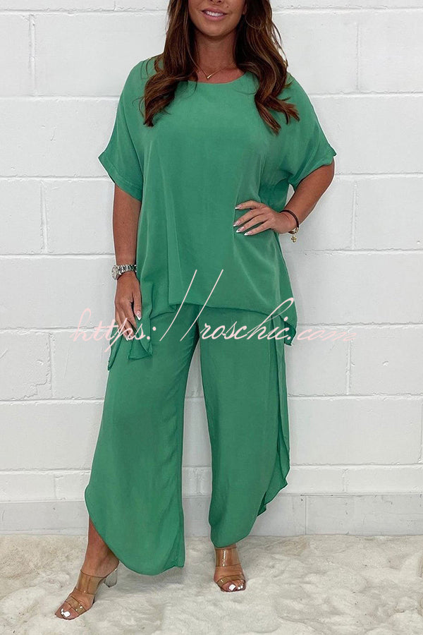 Greyson Flowy Loose Blouse and Elastic Waist Slit Pants Set