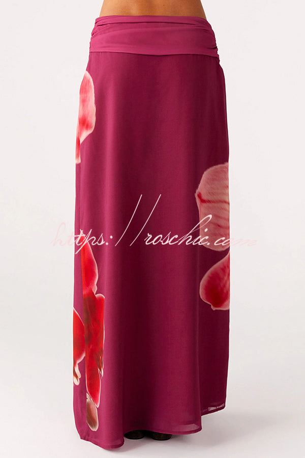 Sexy Deep V Backless Draped Camisole Top and Floral Print Chiffon Maxi Skirt Set