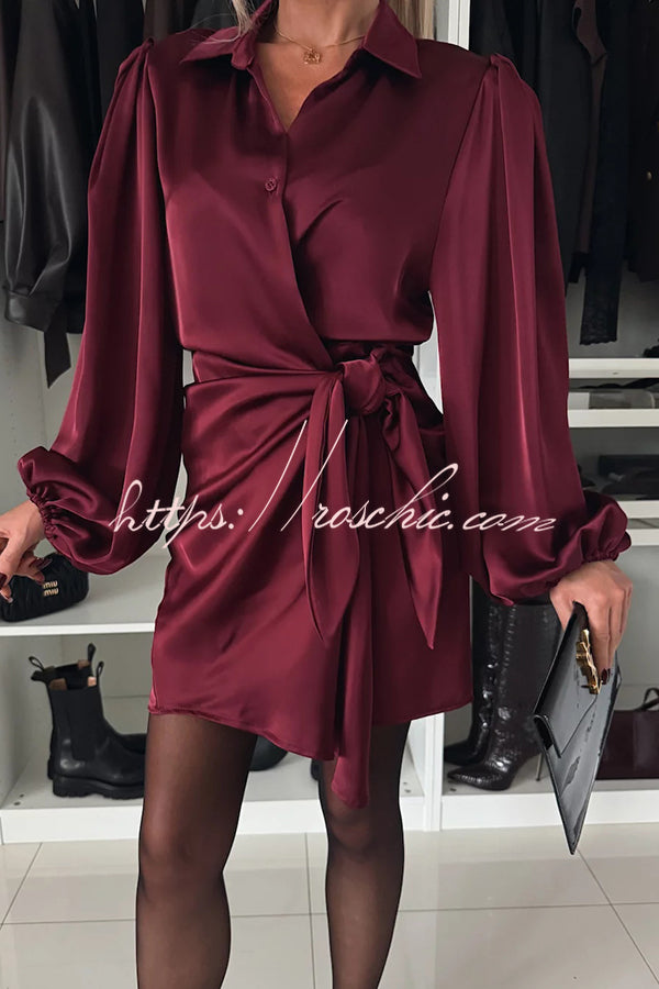 Solid Satin Long Sleeve Tie Waist Irregular Mini Dress