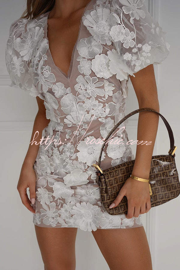 Garden Gala Embroidered Floral Applique Puff Sleeve Mini Dress