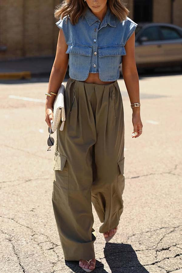 Great Week Pleated Elastic Waist Zipper Pocket Wide Leg Cargo Pants