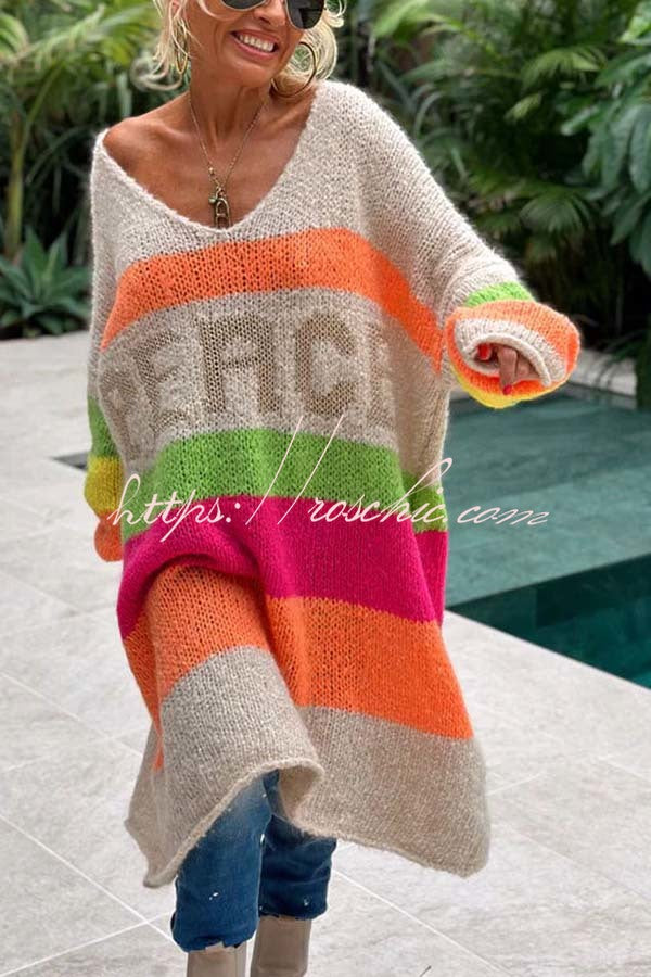 True Faith Knit Peace Pattern Color Blocks Loose Midi Sweater Dress