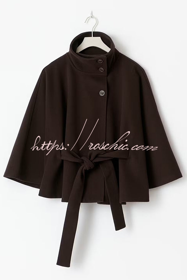 Fashionable Stand Collar Button Waist Tie Loose Cape