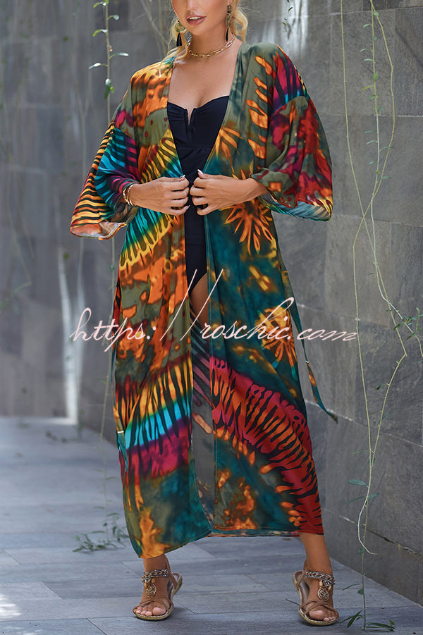 Unique Print Loose Lace Up Holiday Maxi Cover Up